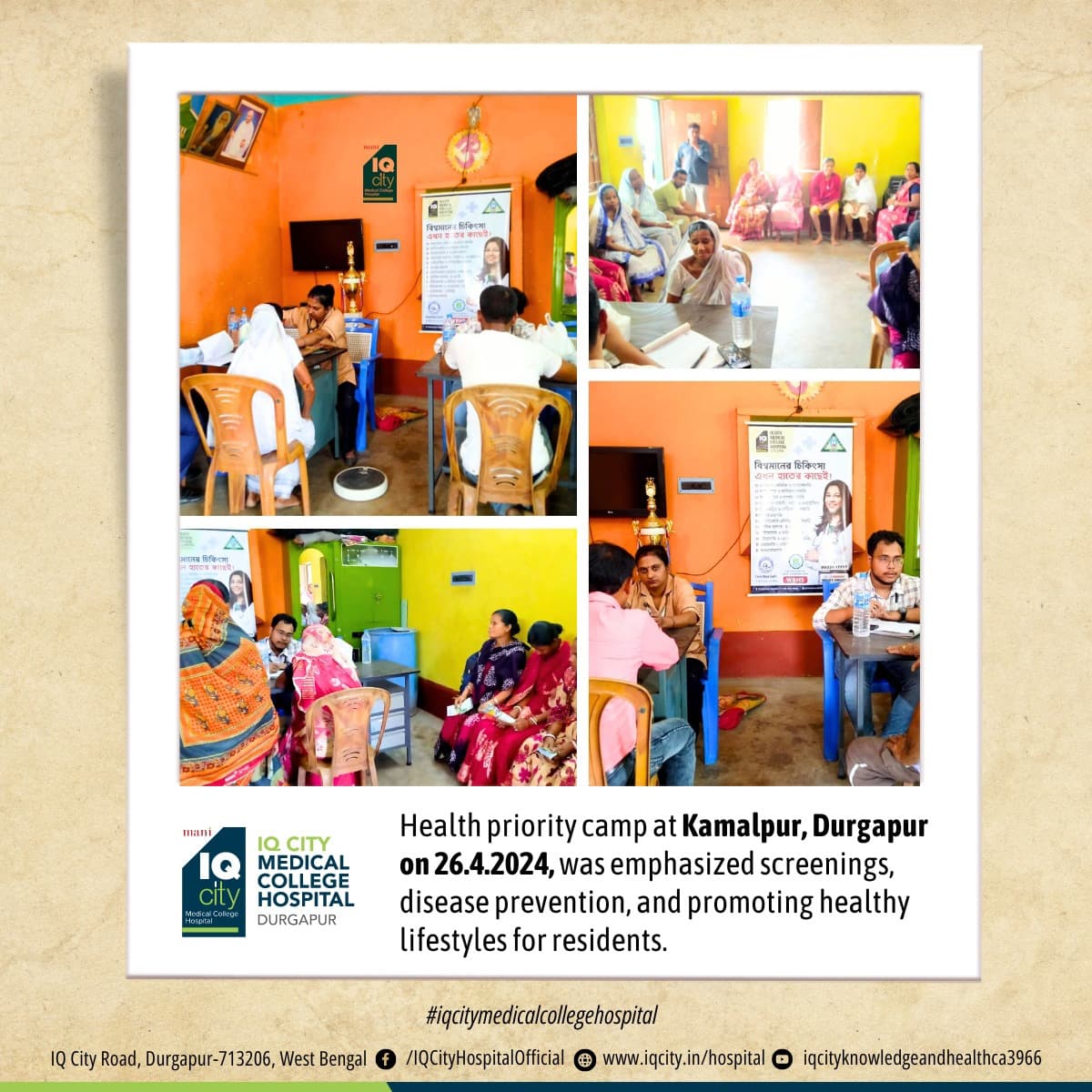Health priority camp at Kamalpur, Durgapur on 26.4.2024, was emphasized screenings, disease prevention, and promoting healthy lifestyles for residents.